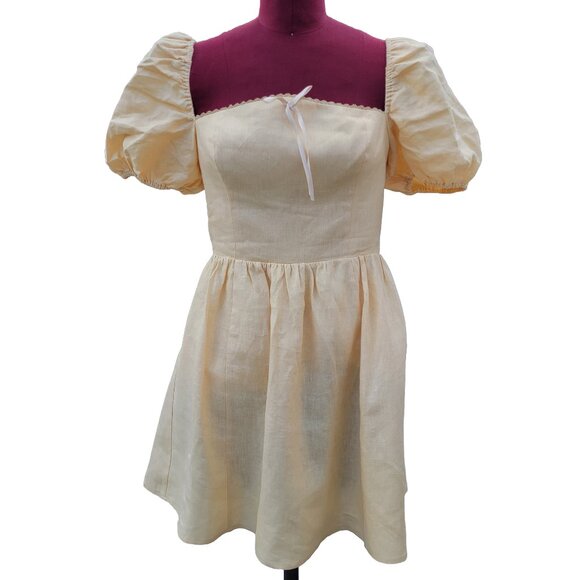 Reformation Dresses & Skirts - Reformation Malvina Dress Butter Yellow Linen Puff Sleeves Square Neck Mini 8